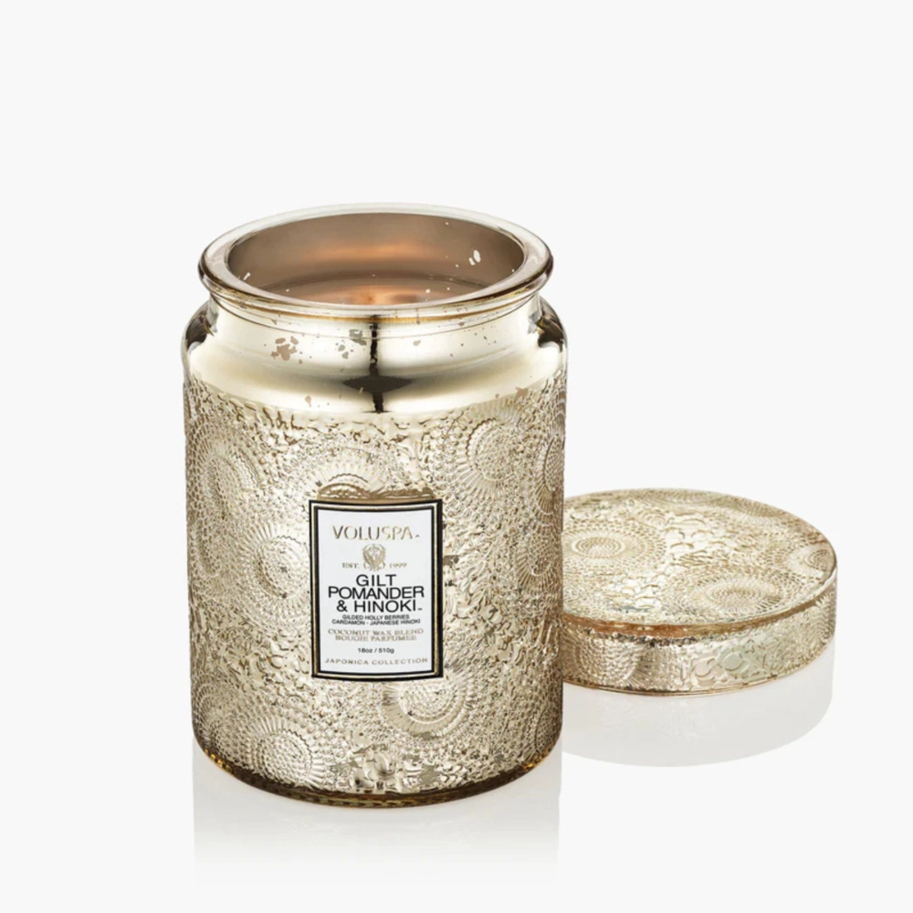 Vela Decorativa de Vidro Tamanho G 100h com Tampa Gilt Pomander e Hinoki Voluspa