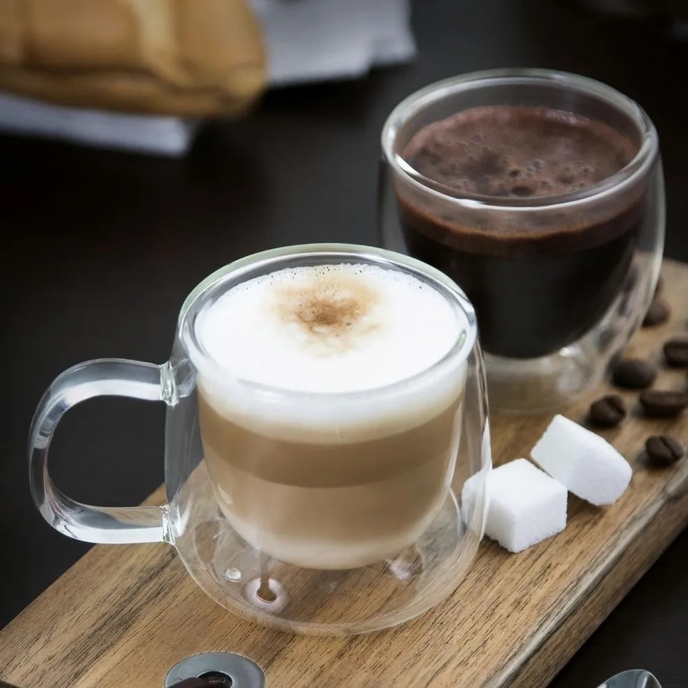 Conjunto de Xícaras de Vidro Duplo para Café 80 ml com Alça Mimo Style