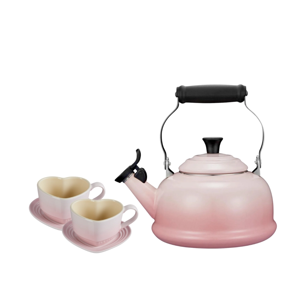 Kit Chaleira Tradicional e 2 Canecas Coração com Pires Shell Pink Le Creuset
