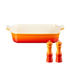 Kit de Travessa Retangular 32 cm e Moedores de Sal e Pimenta Laranja Le Creuset