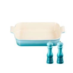 Kit de Travessa Retanglar 32 cm e Moedores de Sal e Pimenta Azul Caribe Le Creuset