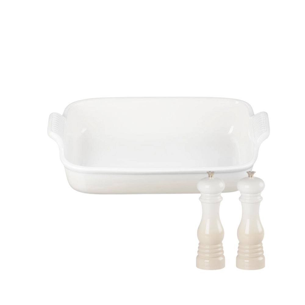 Kit de Travessa Retangular 32 cm e Moedores de Sal e Pimenta Meringue Le Creuset