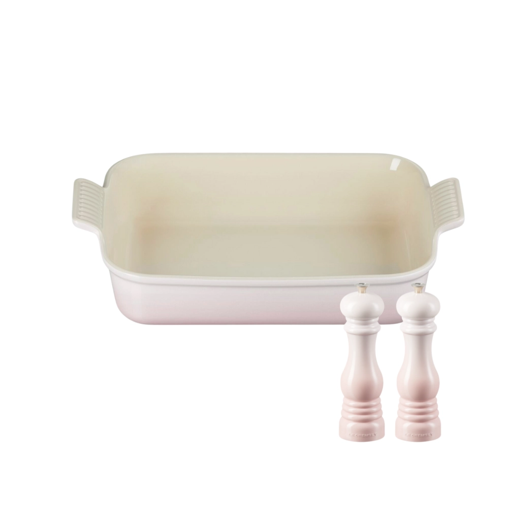 Kit de Travessa Retangular 32 cm e Moedores de Sal e Pimenta Shell Pink Le Creuset