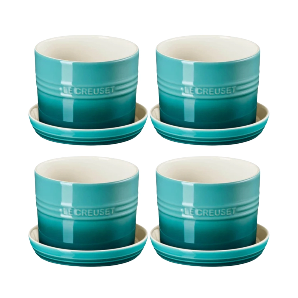 Kit 4 Vasos para Ervas com Bandeja 14 cm de Cerâmica Bleu Riviera Le Creuset